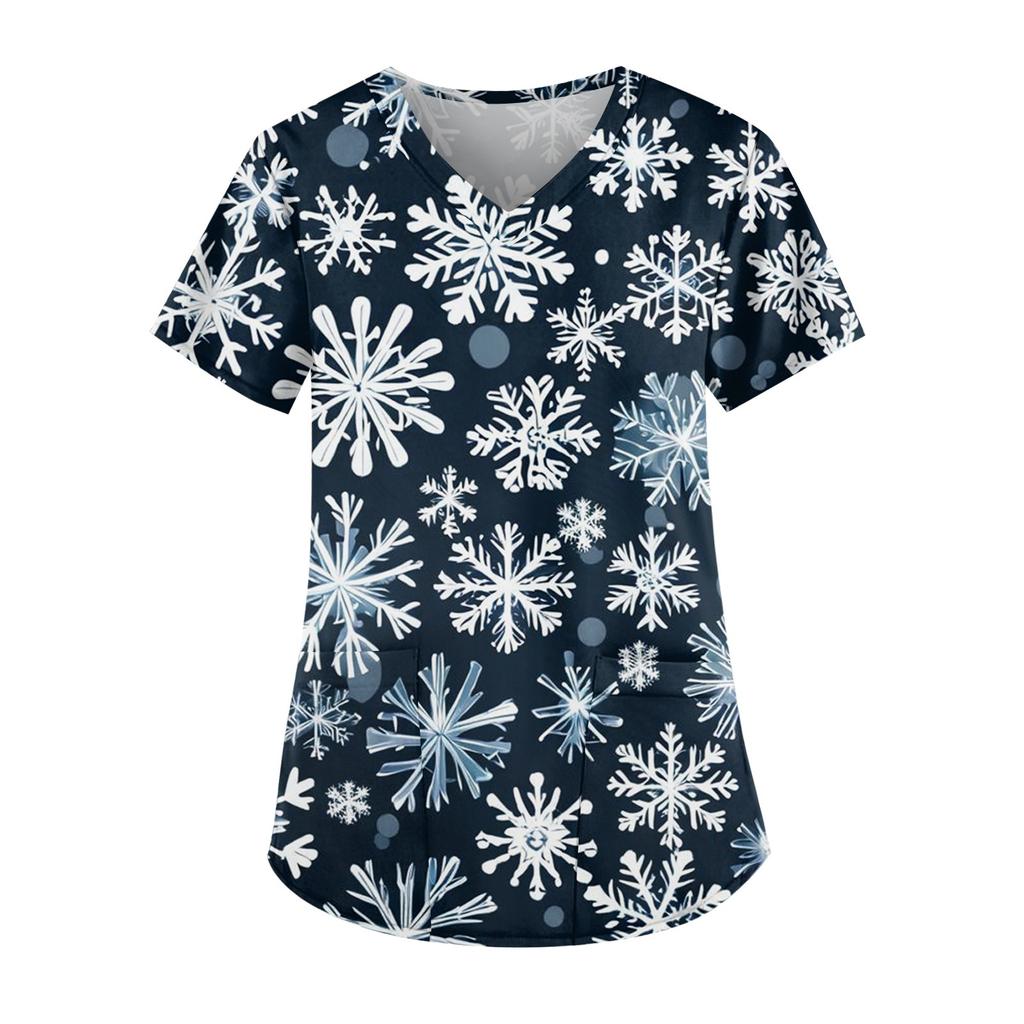 Women's Fashion V-Neck Short Sleeve Workwear With Pocket Christmas Printed Top