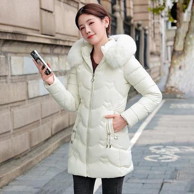 Women's Mid-length Padded Jacket with Detachable Hood and Large Fur Collar
