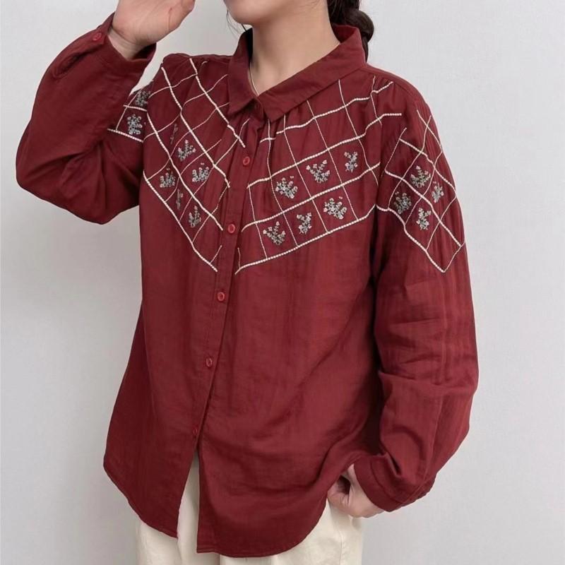 

Johnature Женские винтажные вышитые цветочные рубашки, топы с отложным воротником и длинным рукавом, хлопковые блузки, осенние рубашки One Size красный