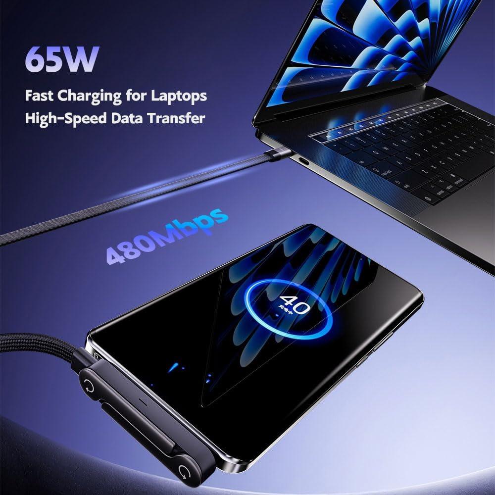 USB To Type C Cable 65W Fast Charging Cable 5 FT/1.5M Invisible Stand Charging Cable Flat USB C Cable Right Angle