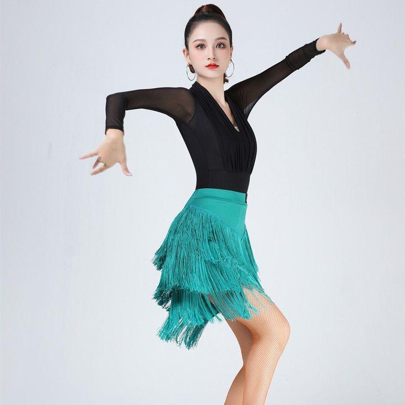 Womens Latin Dance Skirt With Fringe Layers Sequin Mesh Performance Wear Stage Ballroom Dancing