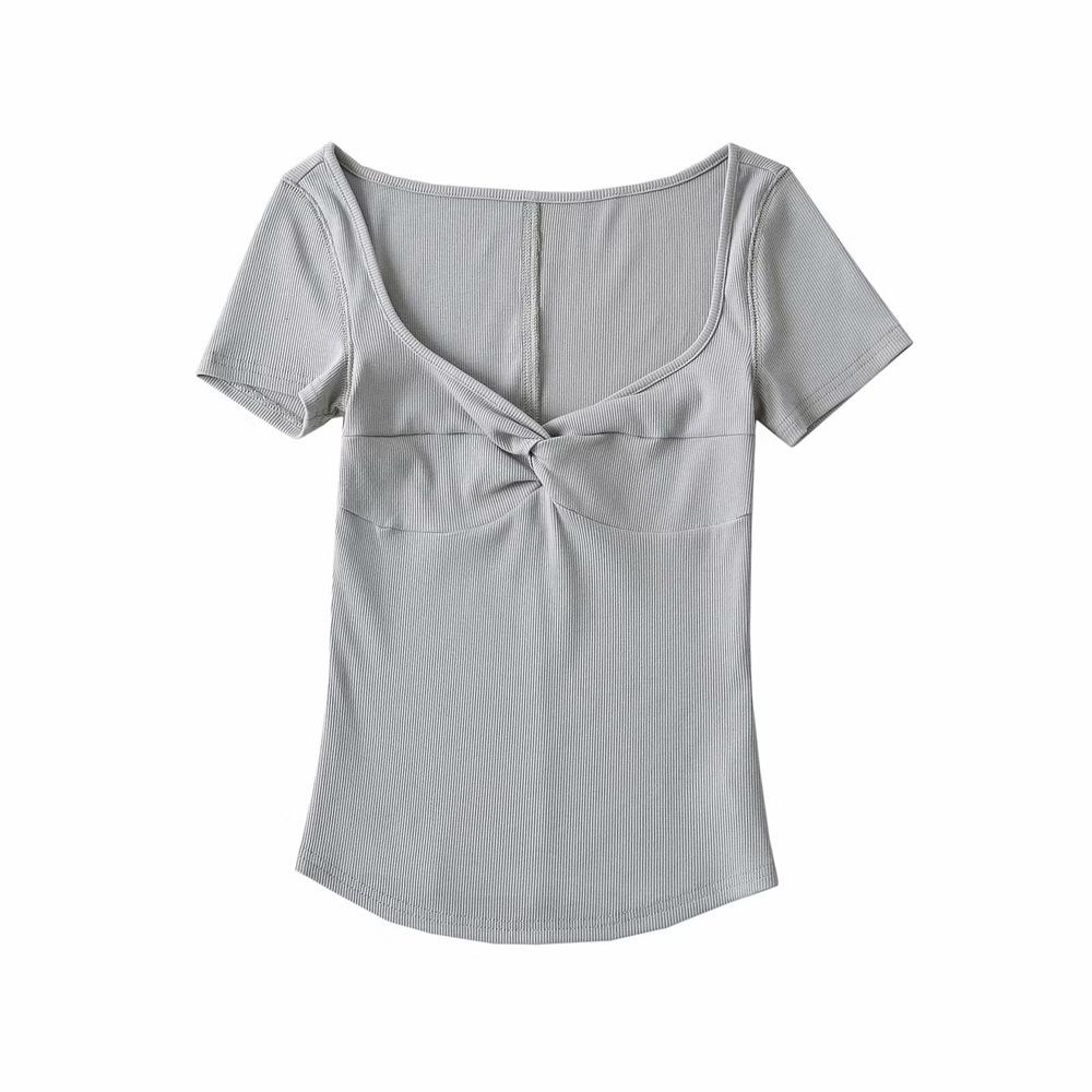YPFF Women's Trendy Solid Color V-Neck Twist Knot American T-Shirt