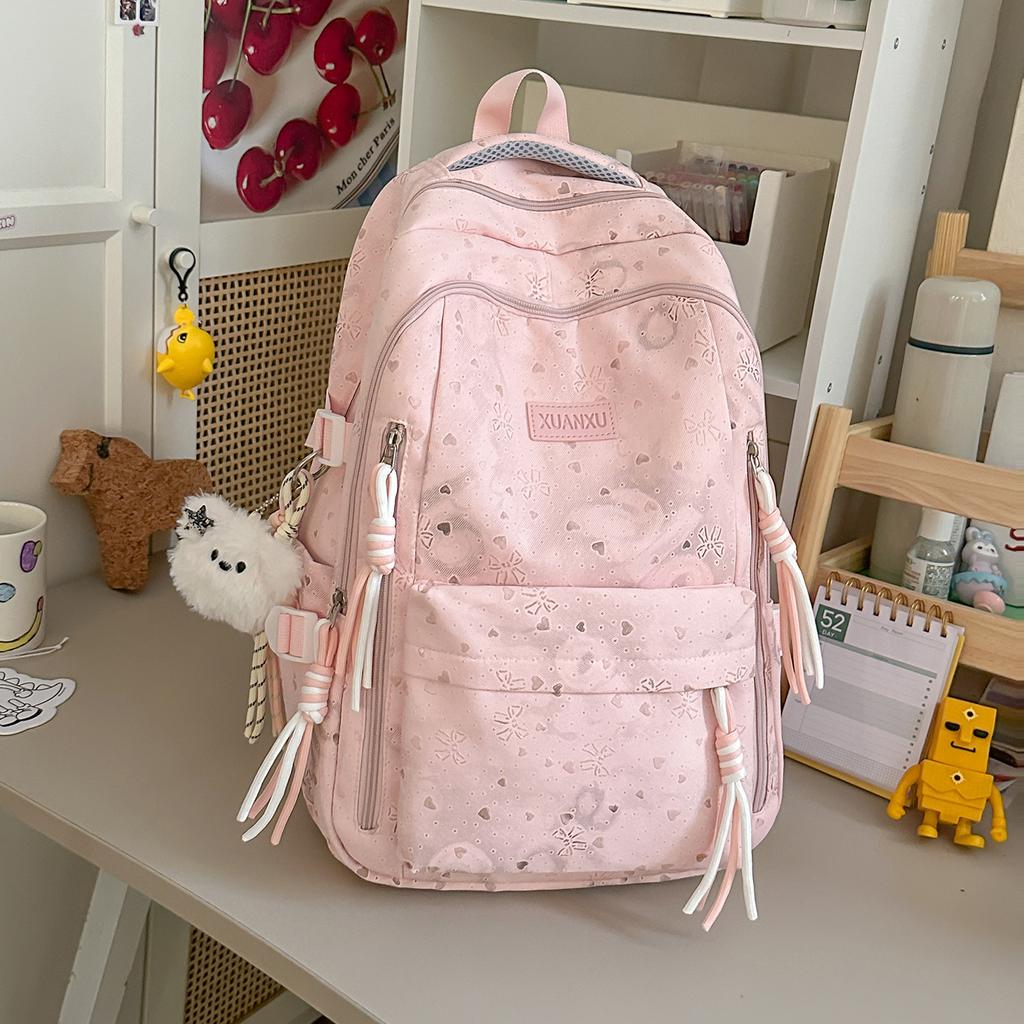 Schoolbag Bow Printed Student School Bag Women's Large Capacity Lightweight Backpack Junior High School Girls Campus Style Leisure Backpack