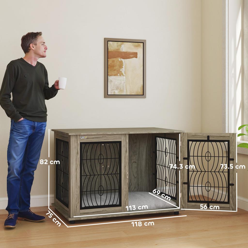 Indoor Dog Crate Furniture End Table With Soft Washable Cushion Lockable Front Door For Extra Large Dogs Grey