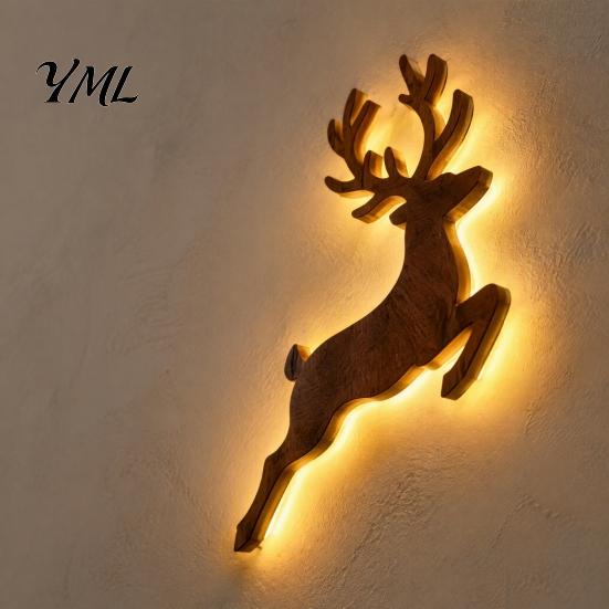LED Backlit Silhouette Christmas Reindeer Wall Light, Wooden with Warm Backlight, Modern Farmhouse Interior Decor Battery Operated Lighted Festive Art