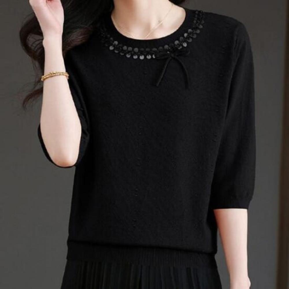 Navava Round Neck Ribbon Point Knit Tee Nk2896
