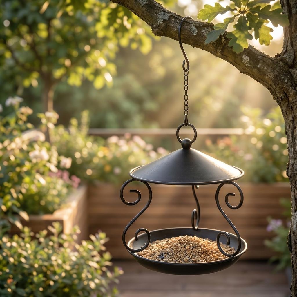Outdoor Hanging Metal Bird Feeder with Circular Tray and Protective Roof for Garden Balcony Yard Automatic Feeding Station