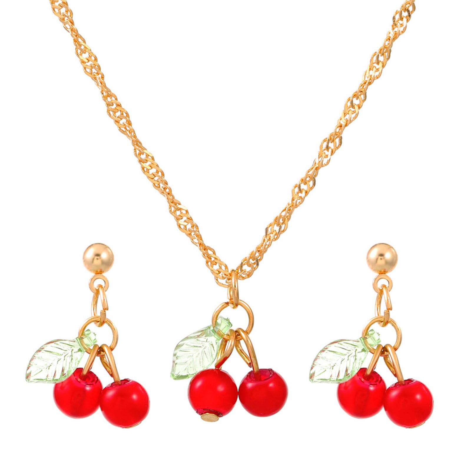 

Stylish Cherry Charm Necklace and Earrings Fashionable Pendant Neck Chain Ear Ornament Party Jewelry for Gift Giving красный
