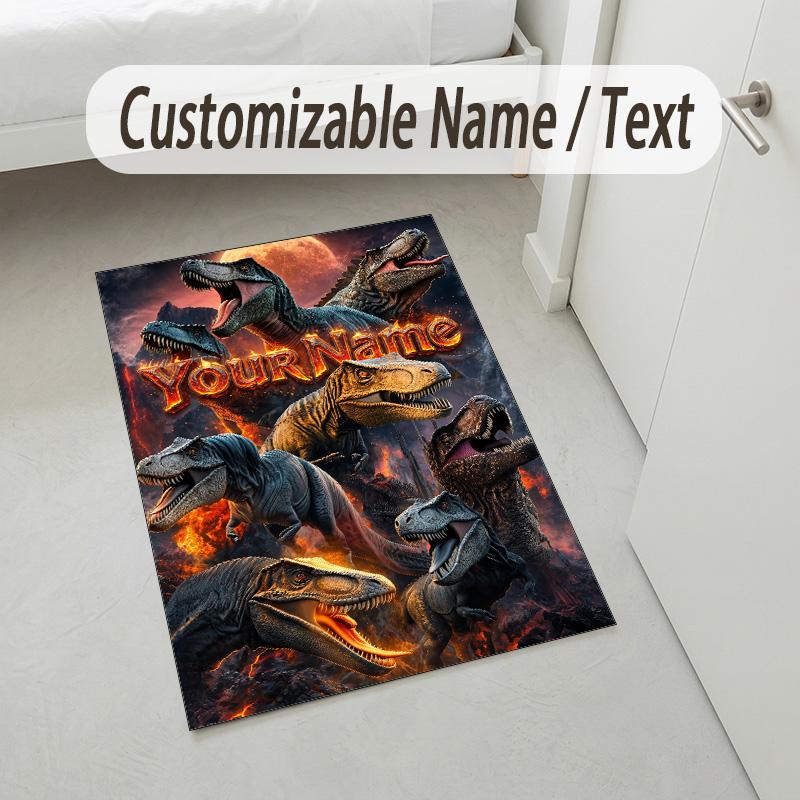 Dinosaur Theme Crystal Velvet Rug Personalized Custom Name Text Soft Floor Mat Home Decor