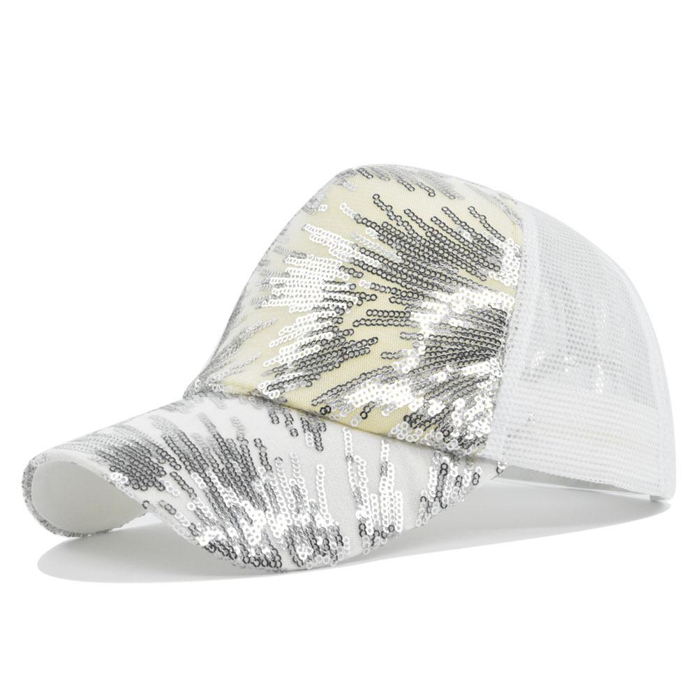 Boné de beisebol com rabo de cavalo brilhante, coque bagunçado, chapéus de pai para mulheres, lantejoulas brilhantes, boné de caminhoneiro de malha de verão, bonés hip hop snapback