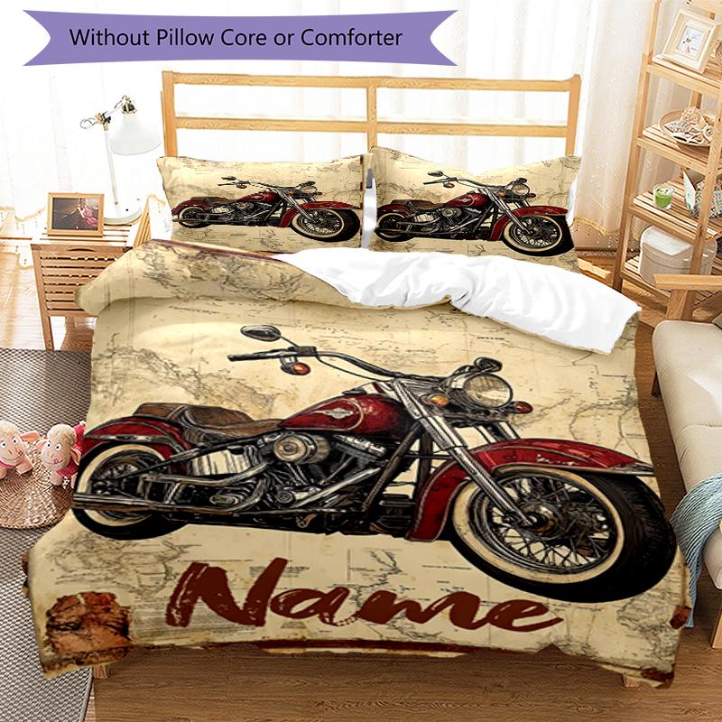3pcs Custom Name Motorcycle Bedding Set Duvet Cover Closure Includes 1 Duvet Cover & 2 Pillowcases, Soft and Comfortable for All Seasons.