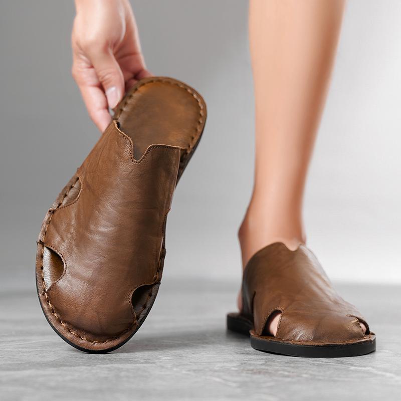 Men Slippers Handmade Simple Flats Brown Leather Sandals Black Summer Roman Sandals Closed Toe Beach Shoes Plus Size
