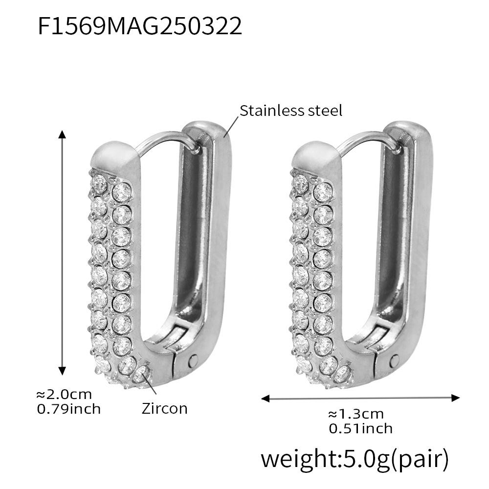 Qiong Yao U-shaped Stainless Steel Earrings: 20mm High, Square Zirconia Clasp, Colorfast for Women