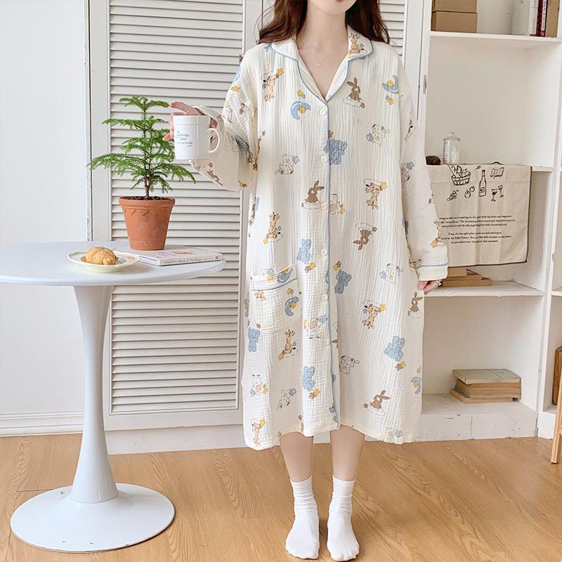Baumwoll-Musselin Umstandspyjama-Set - Frühling/Herbst Stillnachthemd mit Hose