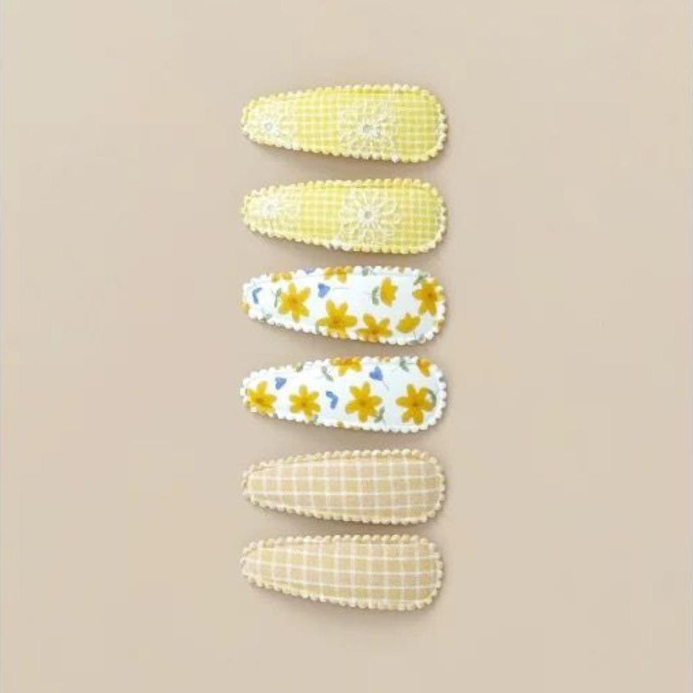 6 Pcs/Set Lovely 2inch Hair Clips Handmade Lace Embroidery Snap Clips Cotton Plaid Floral Print Hair Clamp Pins for Girl