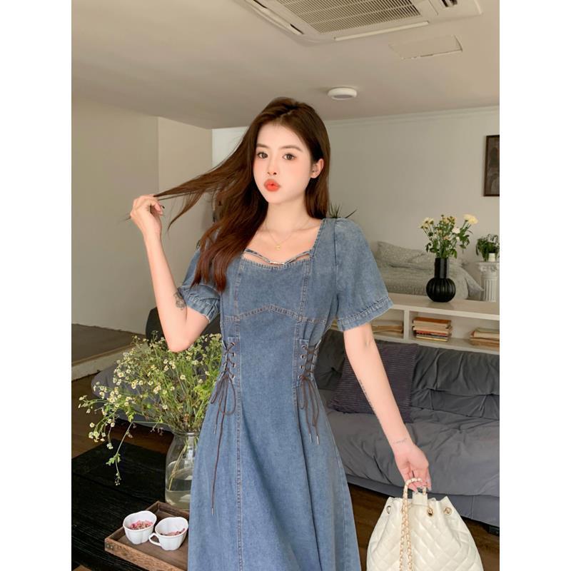 2025 Summer Plus Size Women's Retro French Denim Dress with Waist-Cinching Feature