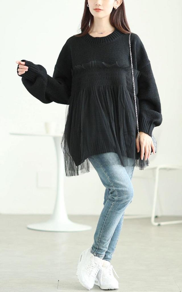 [Gold Japan] Plus Size Women's Knit Top, Long Sleeve, Tulle Panel, Bustier, Flared, Loose Fit, Solid Color, Autumn, Winter, Spring, Sum-0013, 3L,