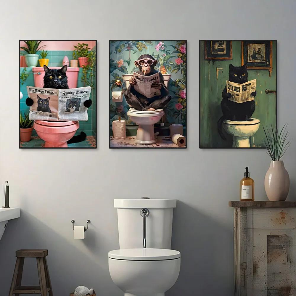 1 Stück rahmenloses lustiges Tier liest Zeitung auf der Toilette Poster Leinwandbild Affe Hund Schwarze Katze Badezimmer Wandkunst Heimdekoration