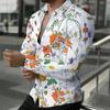 Men Collared Shirt Light Blue White Apricot Floral Leaf Print Long Sleeve Button Down Top
