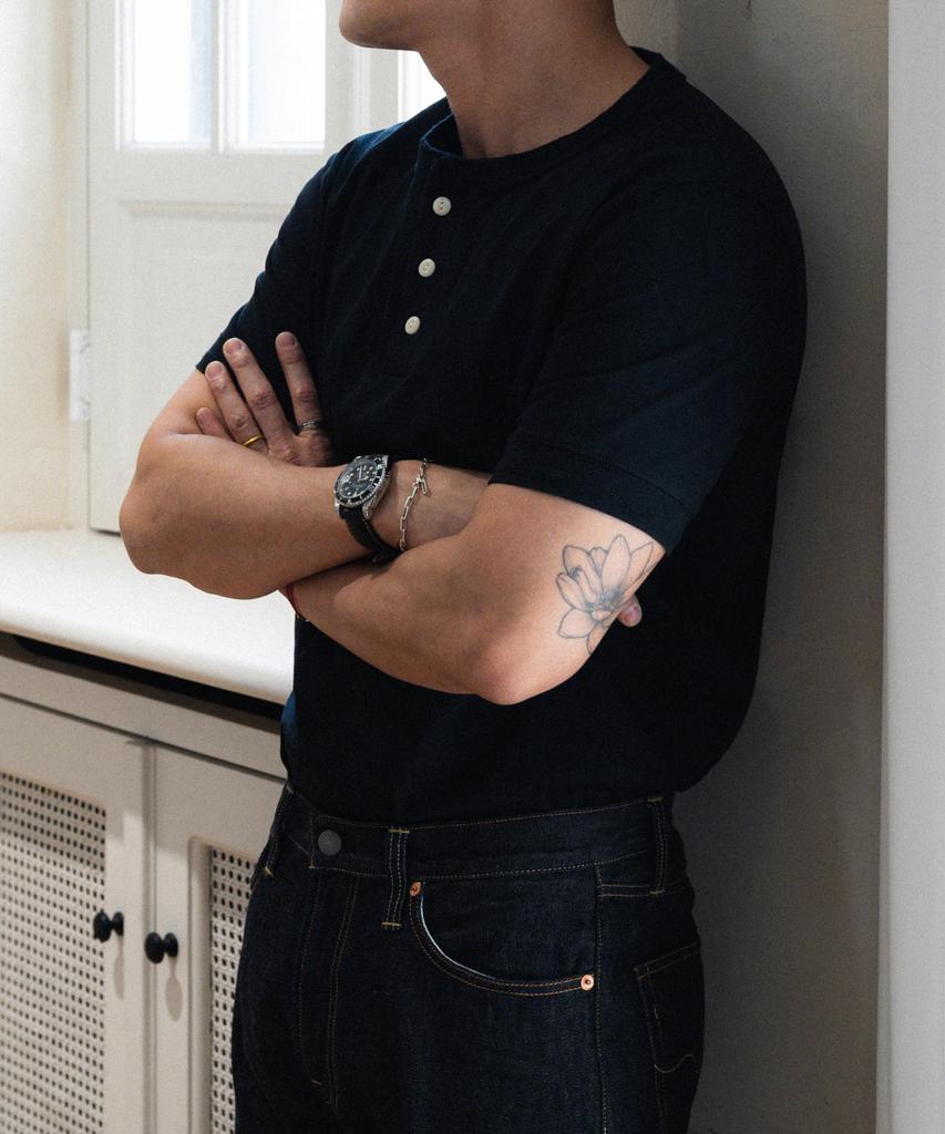 Ledeutoneido Vintage Cotton Short Sleeve Henley Tee Black
