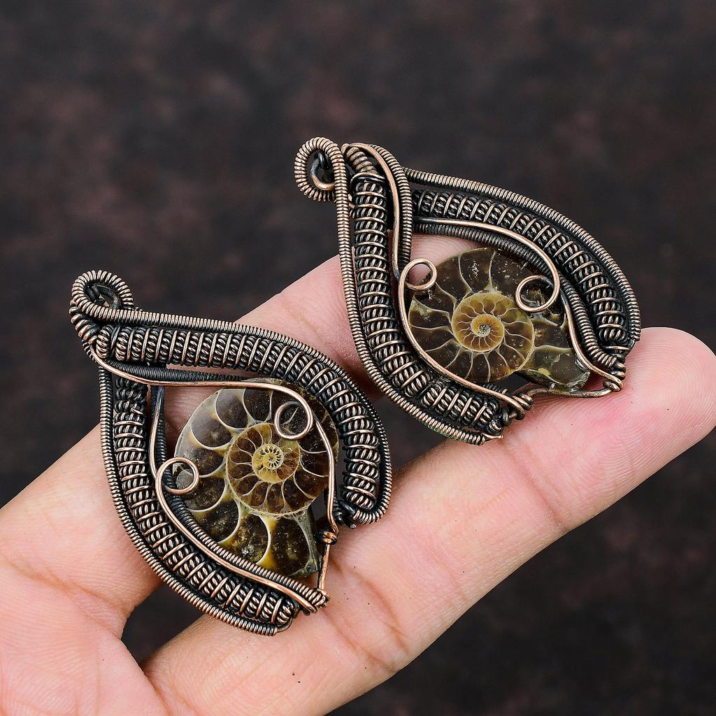 Ammonite Fossil Copper Earring Copper Wire Wrapped Earrings Dainty Gemstone Handmade Earring Unique Copper Design Jewelry Earrings For Women