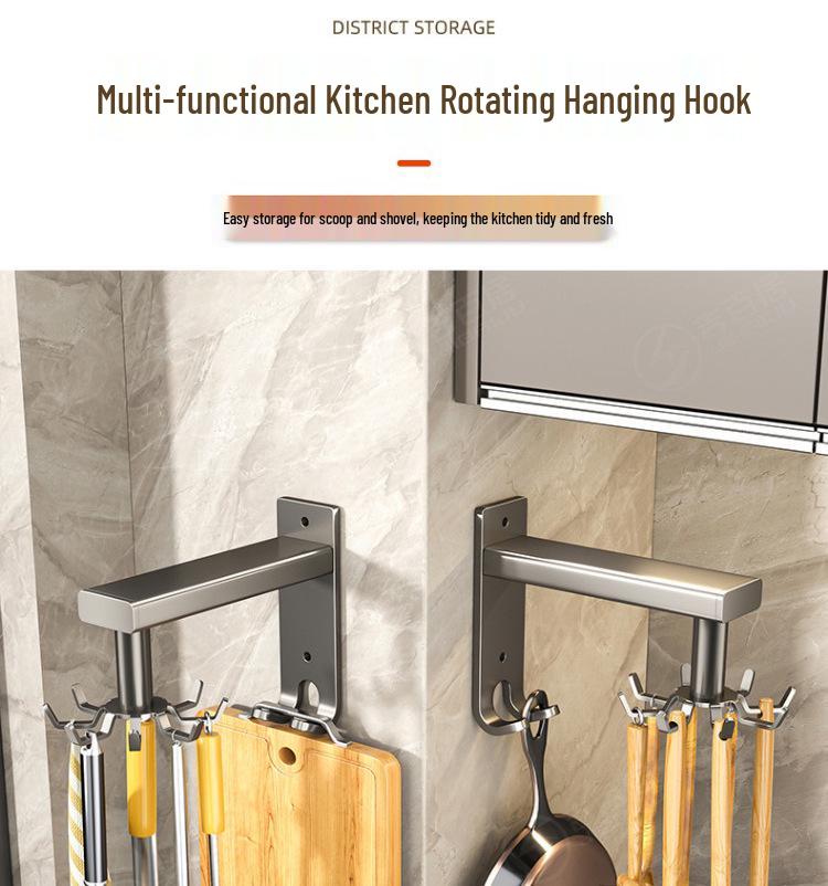 Wall-Mounted Rotating Hook & Storage Rack for Kitchen Utensils - Punch-Free Installation