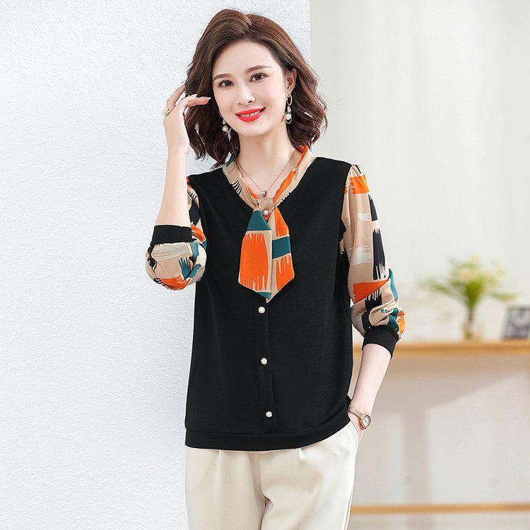 

Stylish Printed Bow Tie Chiffon Top for Middle-Aged and Elderly Women – Loose Fit, Long-Sleeved, Plus Size 5XL помаранчевий