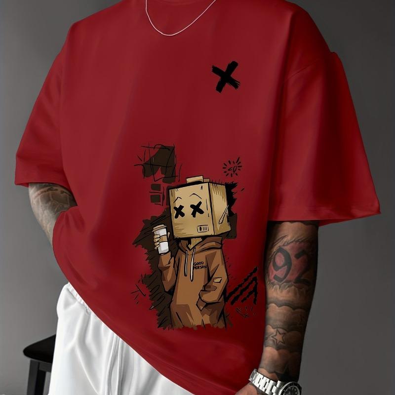 

Men s 100% Pure Cotton Fashionable Casual Sports Loose Trendy Doll Graffiti Printed Round Neck Short Sleeved T-shirt Top 3XL коричневий