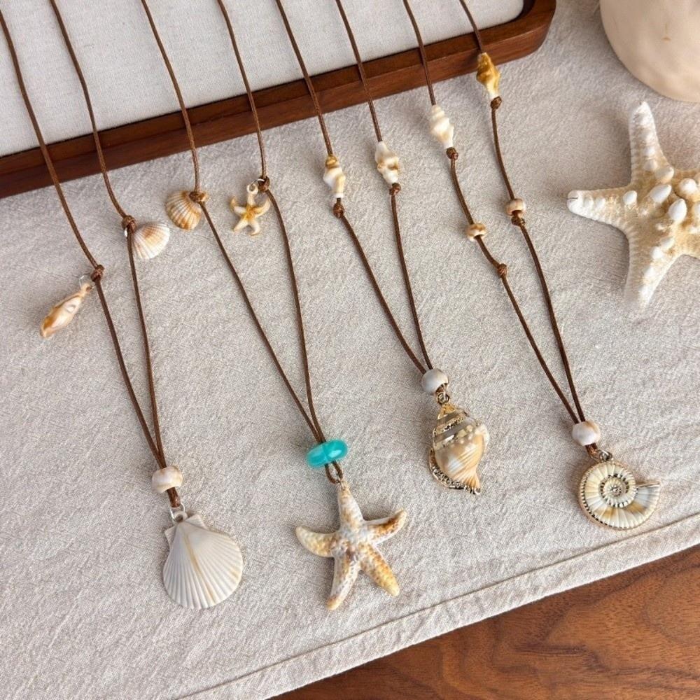Long Adjustable Shell Pendant Necklace Wax Rope Trendy Style Starfish Clavicle Chain Resin Conch Design Bohemian Beaded Necklace