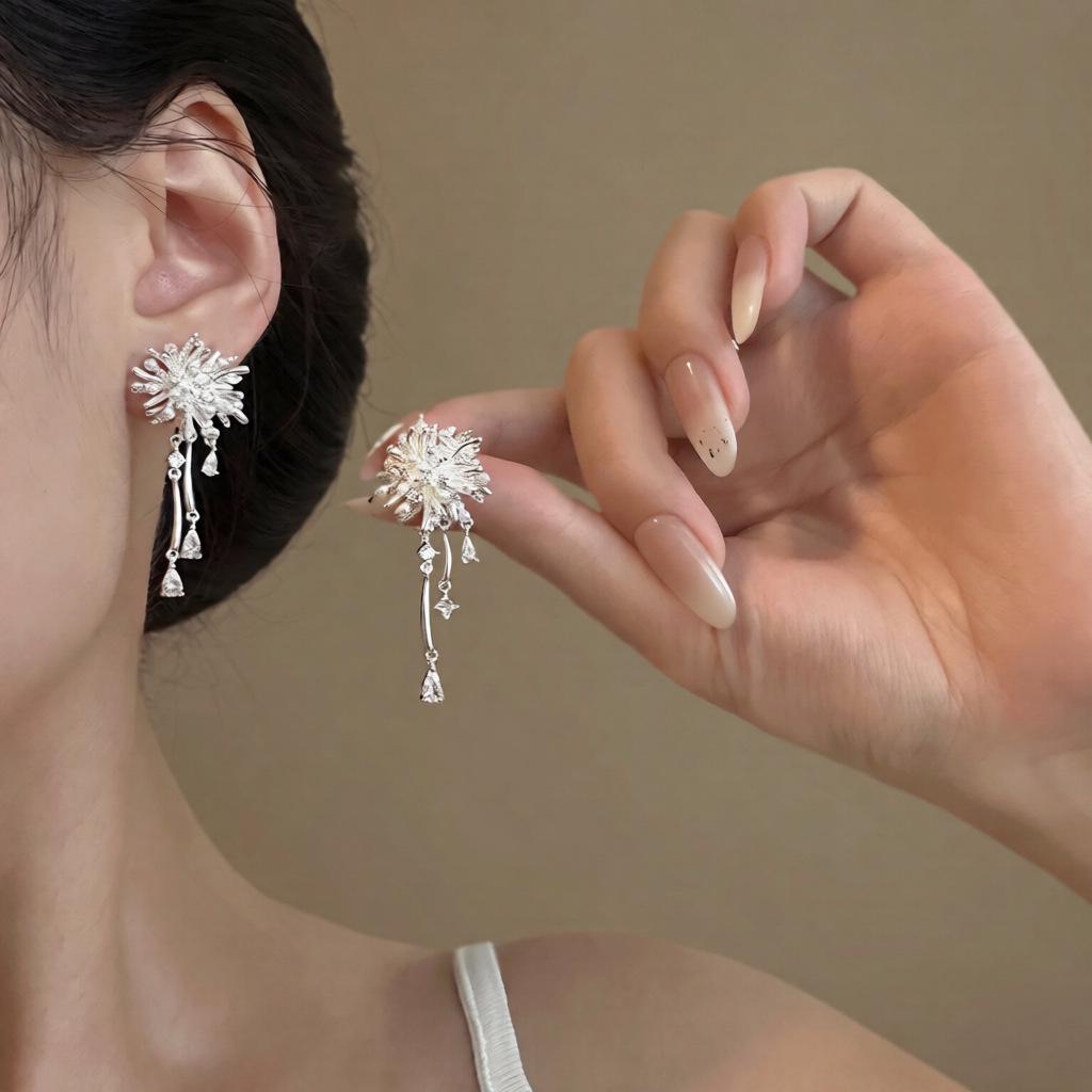18k Gold Plated Firework Zircon Tassel Earrings for Women - Trendy, High-End, Luxury Accessories