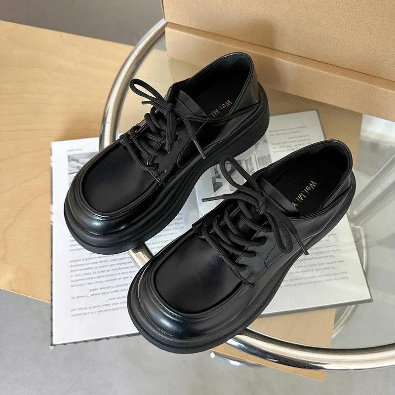 Damskie Buty Platformy Oksfordki Styl Brytyjski Obuwie Damskie Okrągły Nosek Casualowe Trampki Płaskie Buty Platforma Średni Obcas Czółenka