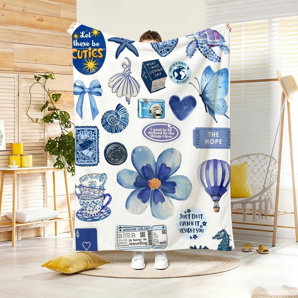 Retro Sticker Collage Throw Lightweight Flannel Blanket Soft Skin-Friendly For Summer Cooling