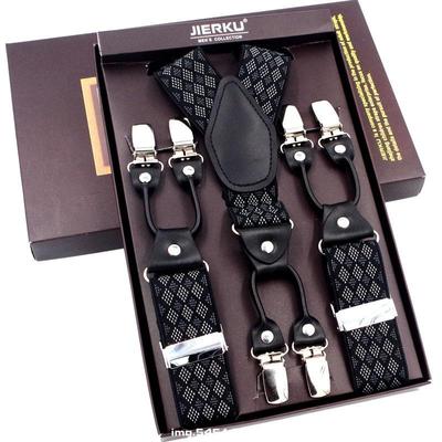 Fashion Suspenders Black Leather 6 Clips Braces Vintage Casual Suspensorio Tirante Trousers Strap Bretele Father/Husband's Gift