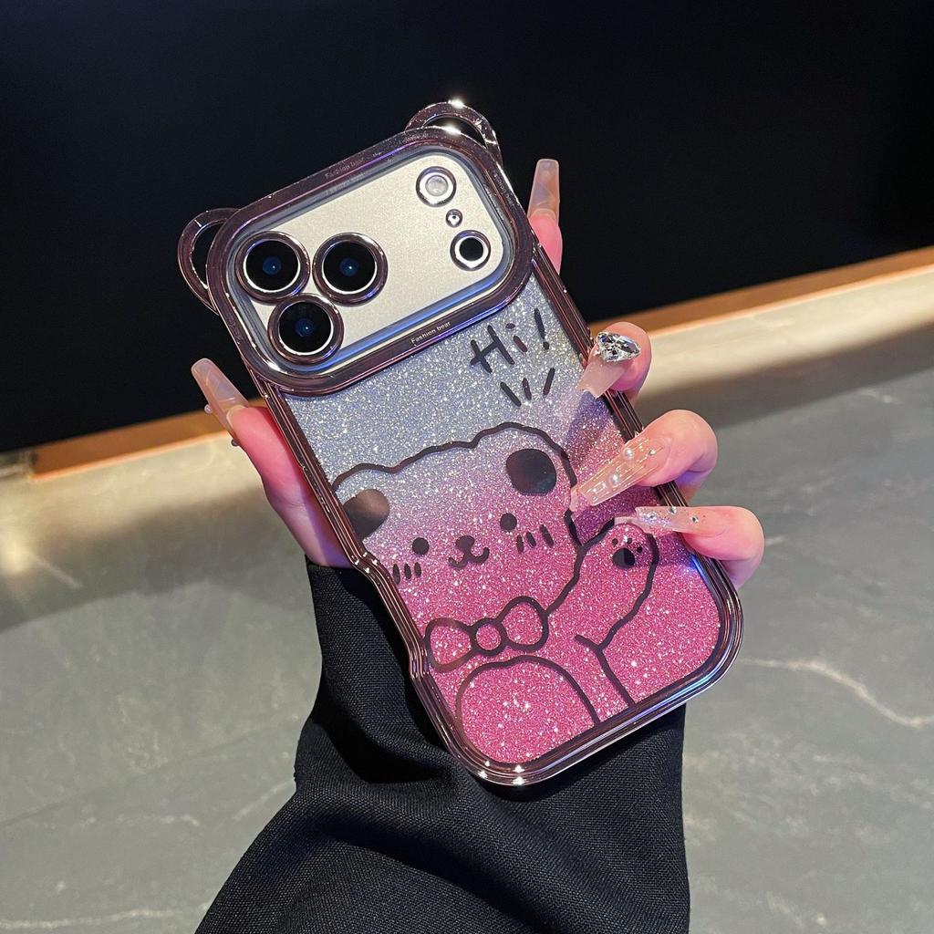For IPhone17promax Phone Case Cartoon Teddy Bear for Apple 16 Electroplated Glitter 15 with Lanyard Protective Cover