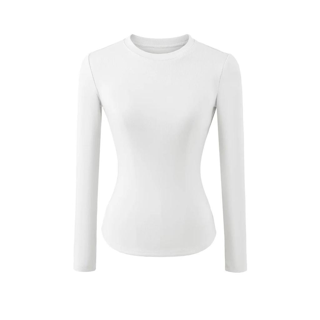 Women's Spicy Girl Round Neck Long Sleeve Yoga Tee - Slim Fit, Solid Color, Elastic Base Layer