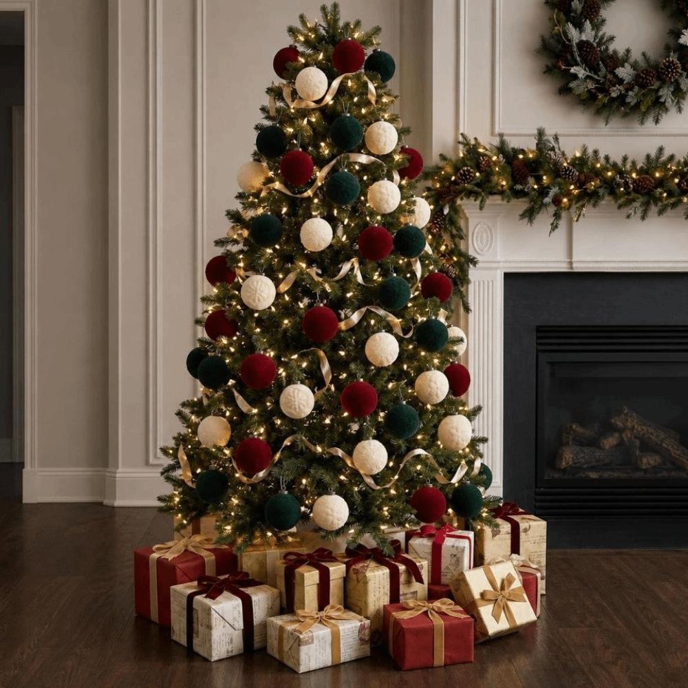 9Pcs Flocking Hanging Christmas Balls Embossed Festive Hanging Decorations Home Mantel Decoration