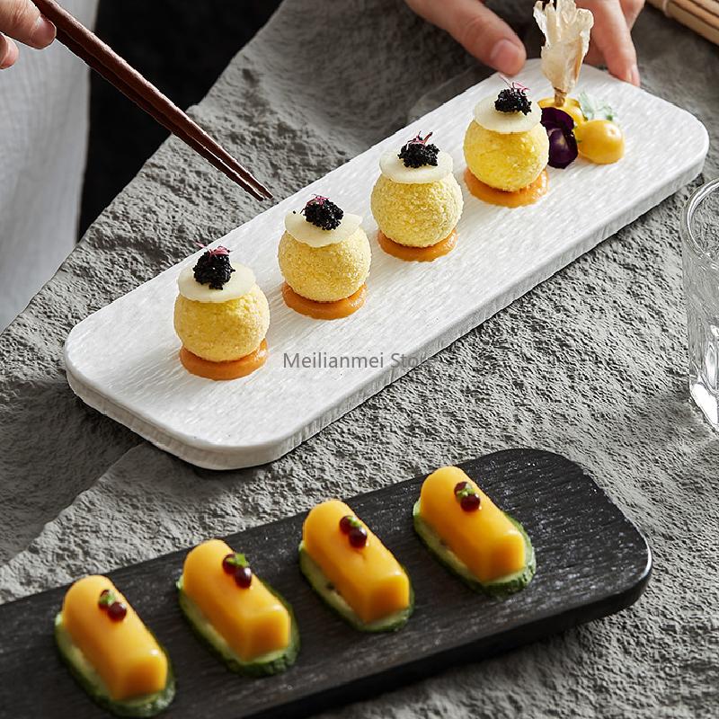 Schwarz/weißer rechteckiger Keramikteller, Marmorkeramikgeschirr, Sushi-Sashimi-Teller, Küchengeschirr, mattiertes Keramiktablett