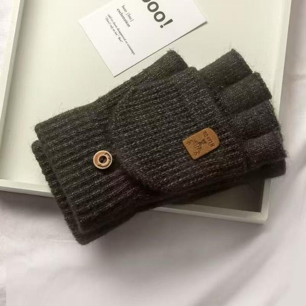Winter Thick Half Finger Flip Gloves for Cute Women, Warm Cycling in Winter, Knitted for Students To Write and Type On