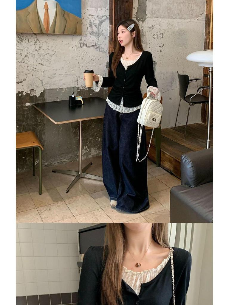 Plus Size Women's Korean-Style Lace Patchwork Two-Piece Top for Autumn 2025