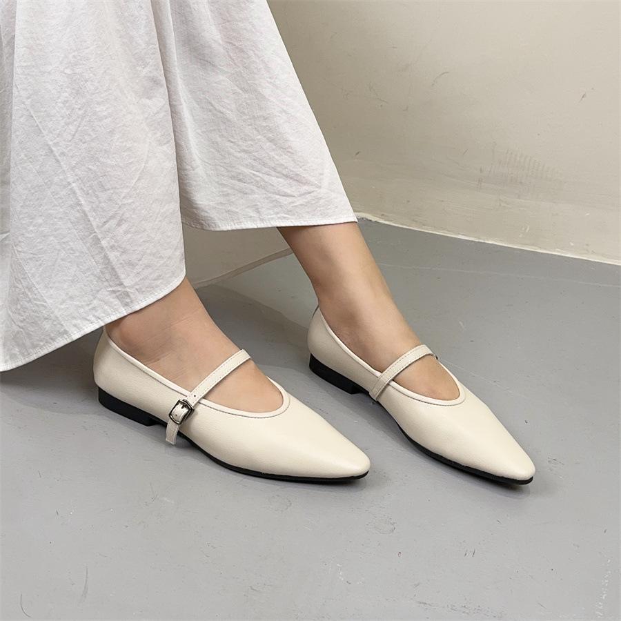 Johnature Oryginalne skórzane płytkie, spiczaste, płaskie buty retro, uniwersalne, miękkie, ze skóry bydlęcej, damskie