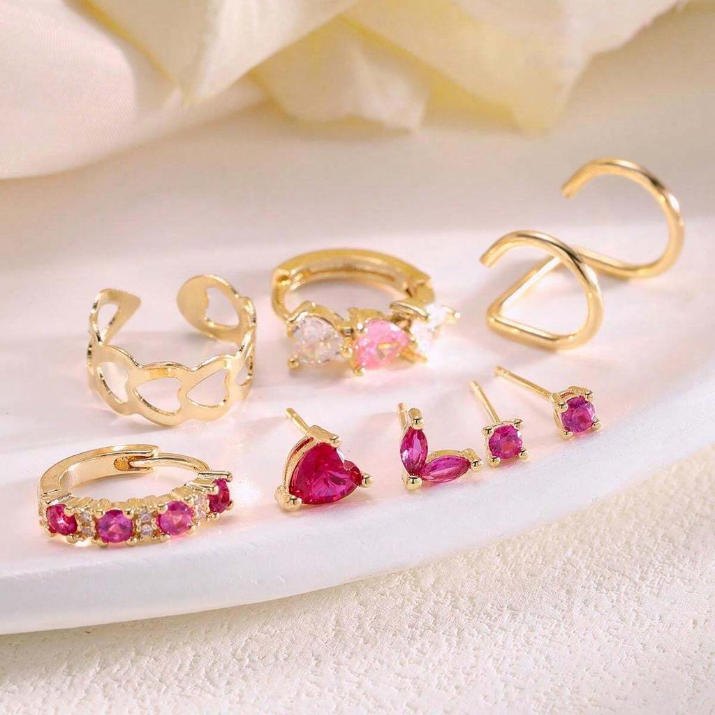 Gold Color Simple Heart Zircon Ear Cuff Clip on Earring for Women No Pierced C Shape Pink Crystal Earcuff Ear Wrap Clips Jewelry