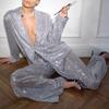 Yousheng Damen Pailletten Hemd Hosen Revers V-Ausschnitt Locker Langarm Mittellanger Mantel Weiter Bein Übertriebene Hosen für Partys Club Promi Outfit