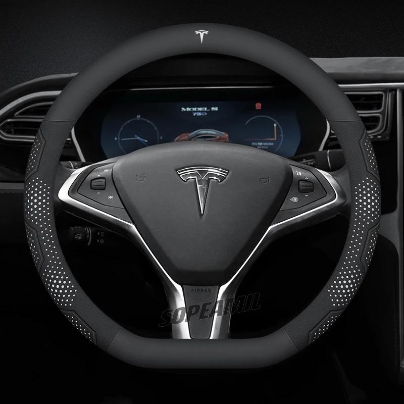 TDMC1 For Tesla Roadster Model 3 Model Y Model S Model X Car Leather Carbon Fiber Anti-Slip Protector Steering Wheel Cover Accessories