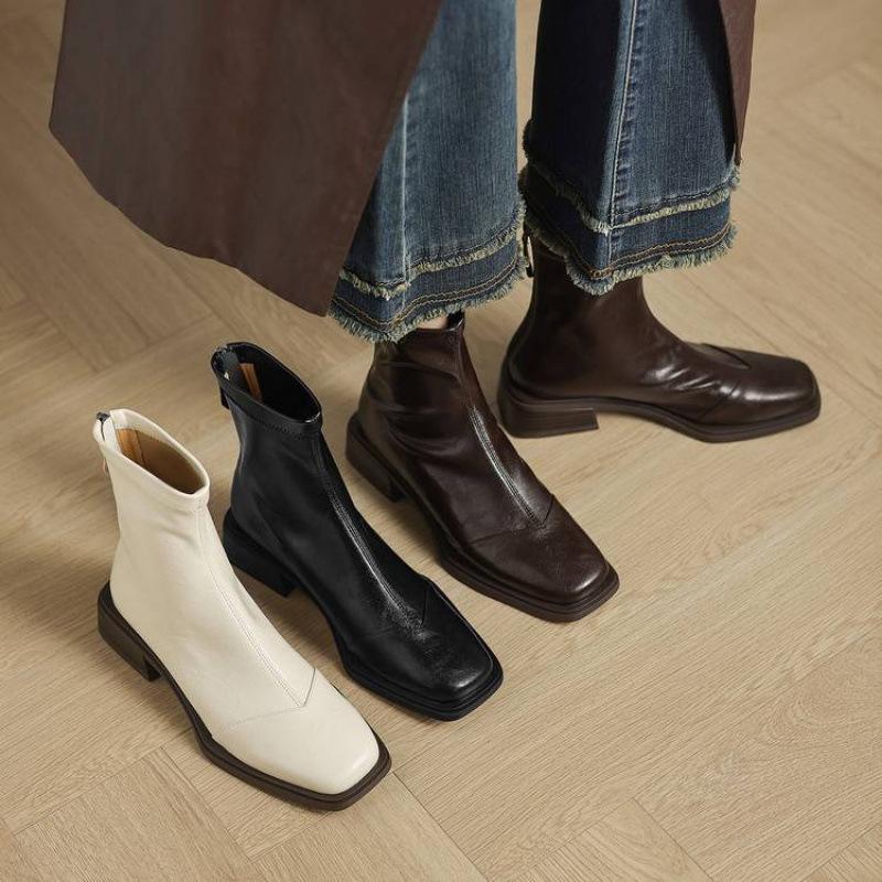 New Women's Leather Boots Solid Color Low Heel Versatile Square and Large Size Women's Boots Rear Zipper Rubber Sole Autumn and Winter Boots