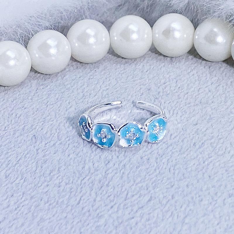 Blue Enamel Oil Drop Flower Bow Star Opening Ring Women'S Niche High-End Light Luxury Ring