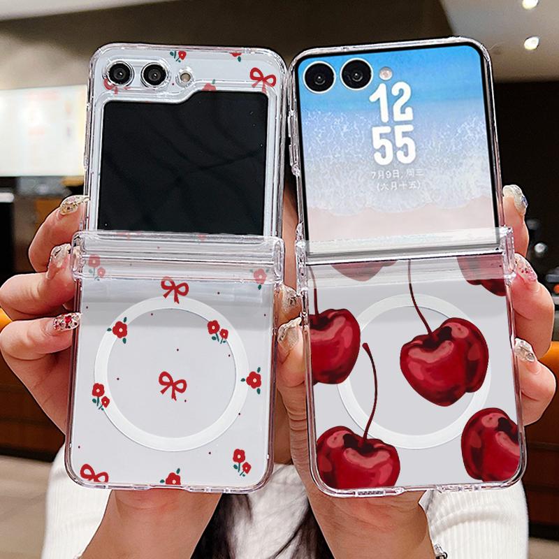 Cherry Fruits Print Case For Samsung Z Flip 8 7 FE 6 5 Magnetic Clear Hard PC Folding Phone Cover For Galaxy Z Flip8 Flip7 Flip6