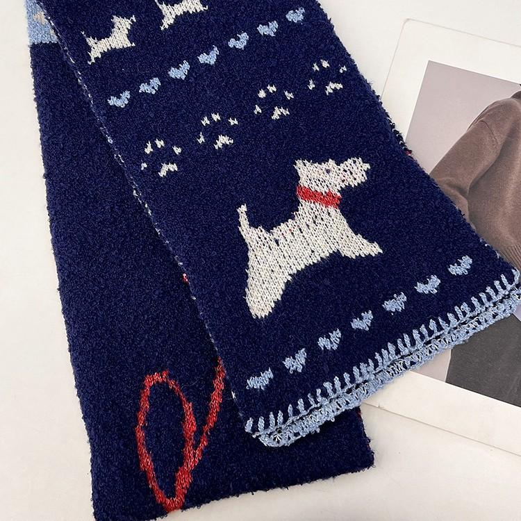 New Japanese Style Cute Puppy Navy Blue Knitted Scarf for Women To Keep Warm in Winter and Versatile for Student Couples Woolen Scarf