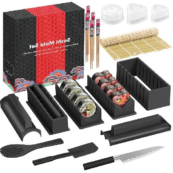HI NINGER Sushi Making Kit Deluxe Edition Complete Sushi Maker Kit 12PCS Home Sushi Mold Press with Sushi Rice Roll Mold Shapes,Fork , Sushi