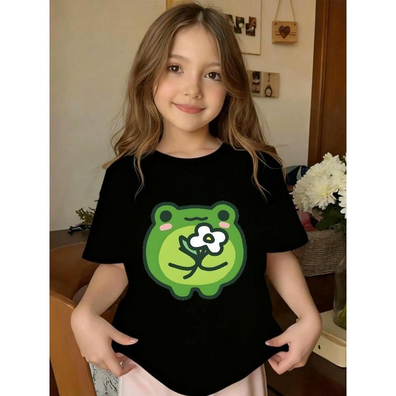 

European sizes Cute Cartoon Frog Print Crew Neck T-shirt with Little Flower | Perfect for Spring, Summer, and Autumn, Ideal for Casual Outdoor Play, 164cm чорний