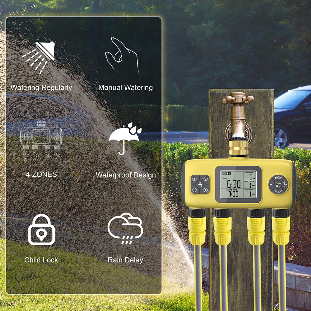 4-Outlet Automatic Irrigation Timer Digital Water Timer Programmable Lawn Sprinkler System Rainwater Rain Delay Time Controller